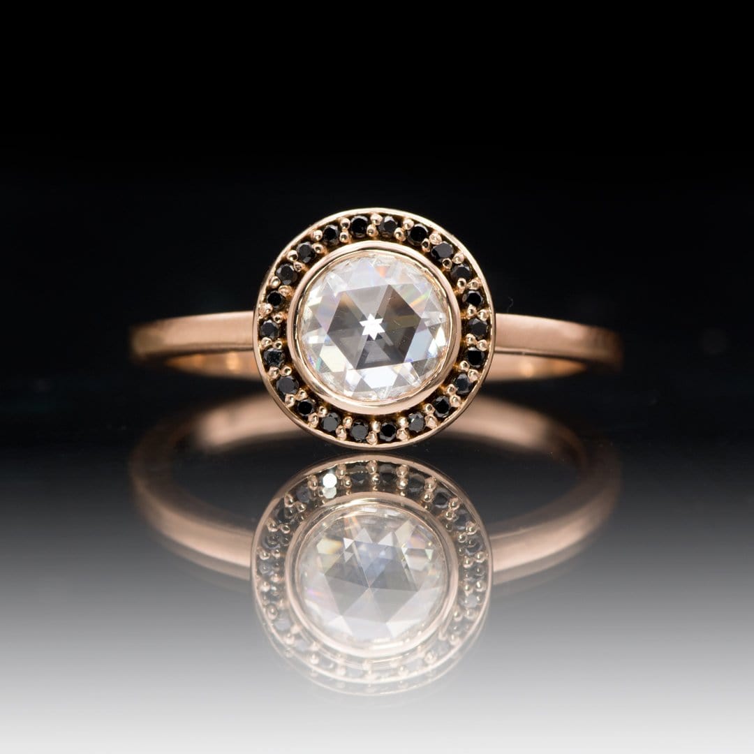Bezel Set Rose Cut Moissanite Diamond Halo Engagement Ring 6mm Forever One Colorless Moissanite (D-F color) / 14k Rose Gold / Black Diamond Halo Ring by Nodeform