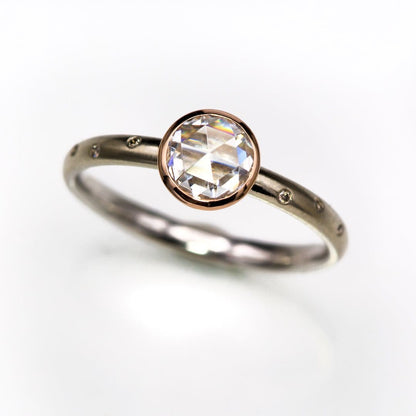 Mixed Metal Bezel Set Rose Cut Moissanite Diamond Accented Engagement Ring Ring by Nodeform