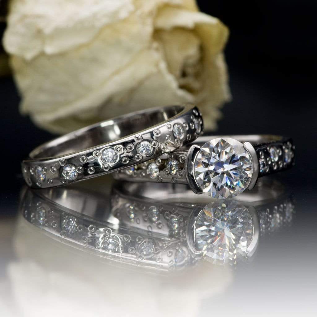 Bridal Set Round Moissanite Half Bezel Star Dust Engagement Ring and Wedding Band Ring by Nodeform