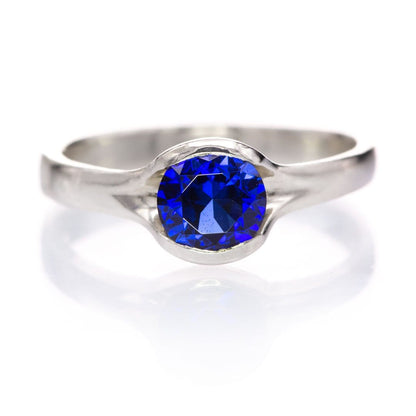 Lab Created Round Blue Sapphire Fold Solitaire Engagement Ring Sterling Silver / 6mm / Dark Blue Ring by Nodeform
