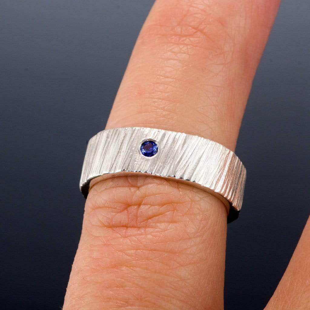 Wide Saw Cut Texture Wedding Band With Flush Set Blue Sapphire Ring by Nodeform