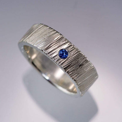 Wide Saw Cut Texture Wedding Band With Flush Set Blue Sapphire Ring by Nodeform