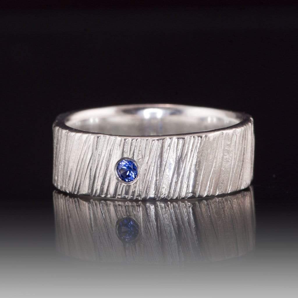 Wide Saw Cut Texture Wedding Band With Flush Set Blue Sapphire Sterling Silver / 4mm width Ring by Nodeform