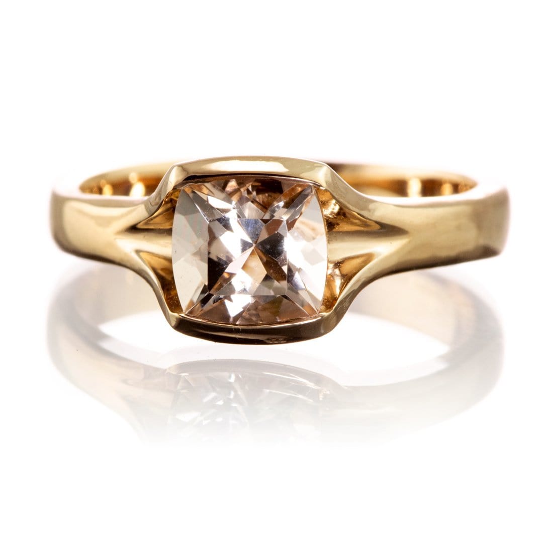Cushion Cut Morganite Fold Solitaire Engagement Ring Square 5mm/~0.5ct / 14k Yellow Gold Ring by Nodeform
