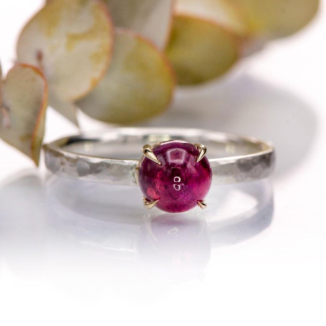 Pink Tourmaline Stacking Ring with 14k gold prongs and hammered sterling silver, size 4 to 9 Ready to ship Ring Ready To Ship by Nodeform