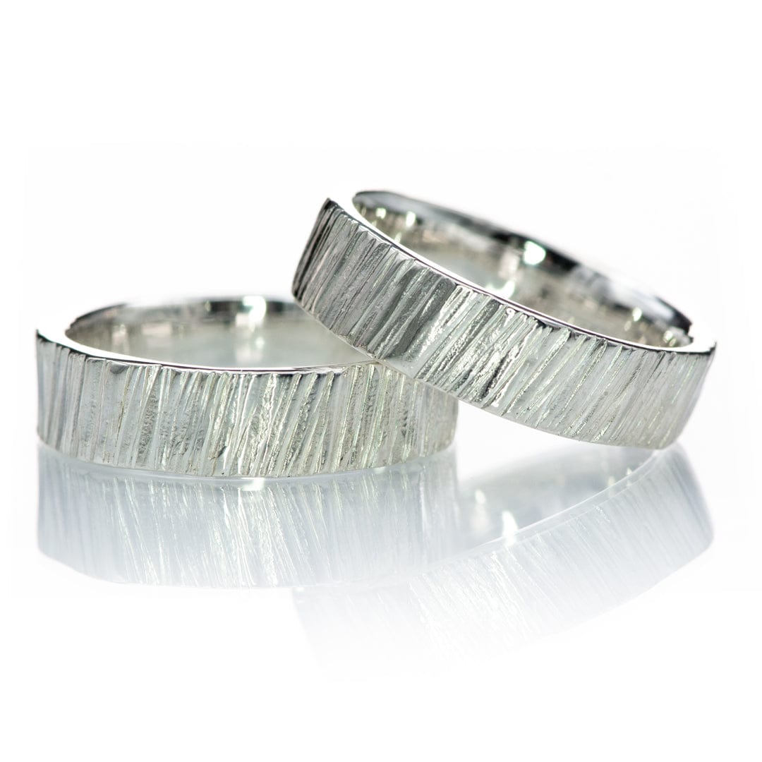 Set of 2 Wide Saw Cut Texture Wedding Bands 14k Nickel White Gold (Not Rhodium Plated) / 4mm Ring Set by Nodeform