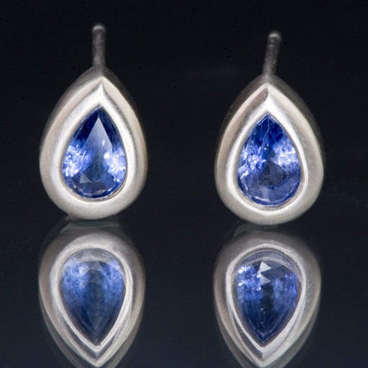 Pear Blue Sapphire Tear Drop Bezel Stud Earrings B Grade 6x4mm Genuine Sapphire / 14k Yellow Gold Earrings by Nodeform