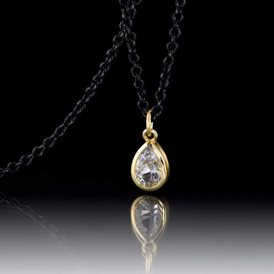 Tear Drop White Sapphire 14k Yellow Gold Pear Pendant With Oxidized Silver Chain Necklace 14k Yellow Gold Necklace / Pendant by Nodeform
