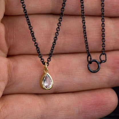 Tear Drop White Sapphire 14k Yellow Gold Pear Pendant With Oxidized Silver Chain Necklace Necklace / Pendant by Nodeform