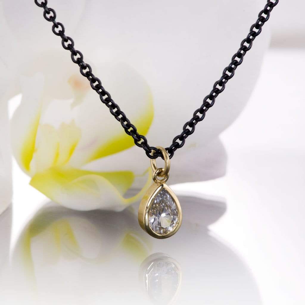 Tear Drop White Sapphire 14k Yellow Gold Pear Pendant With Oxidized Silver Chain Necklace Necklace / Pendant by Nodeform