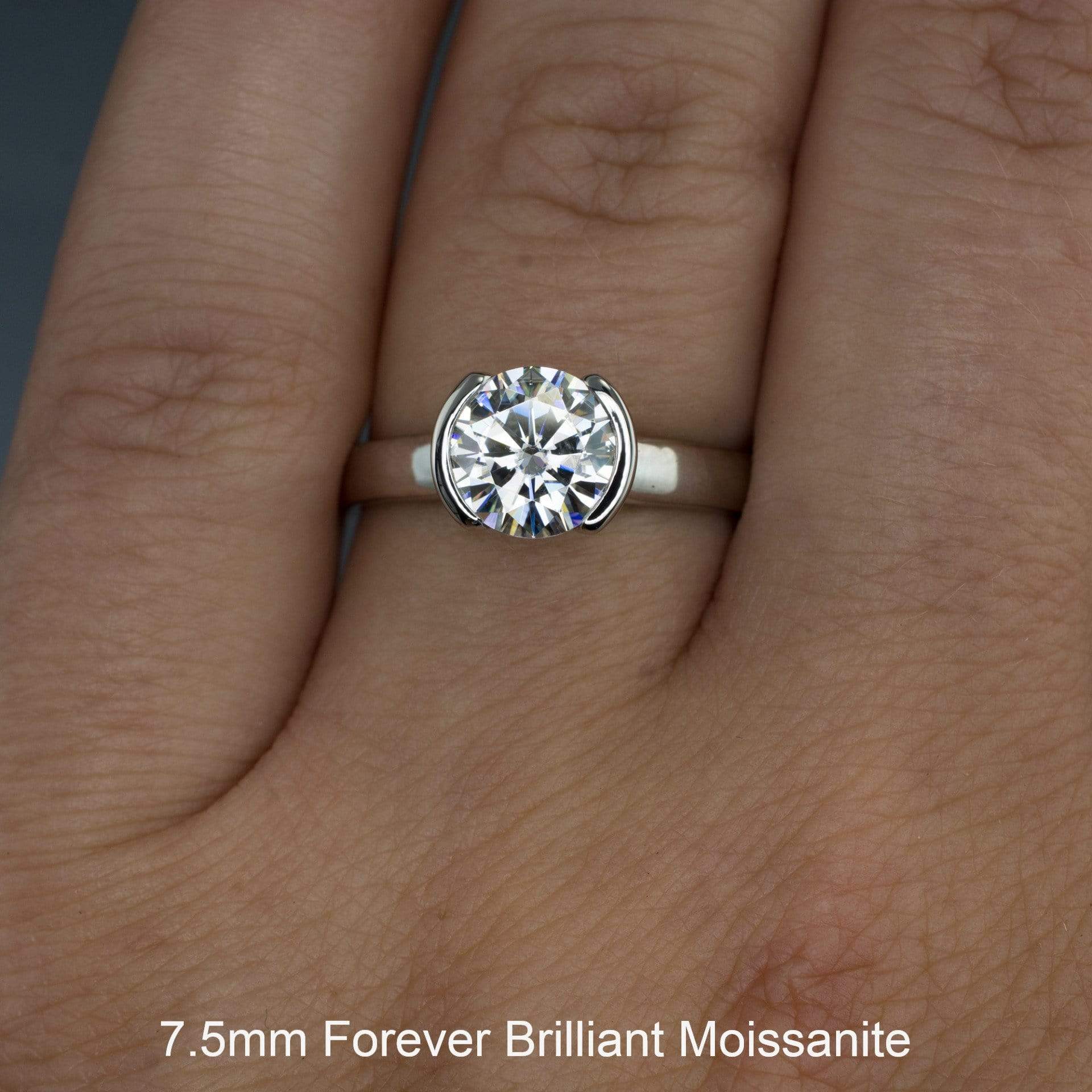 Brilliant Cut Round Moissanite Half Bezel Solitaire Engagement Ring