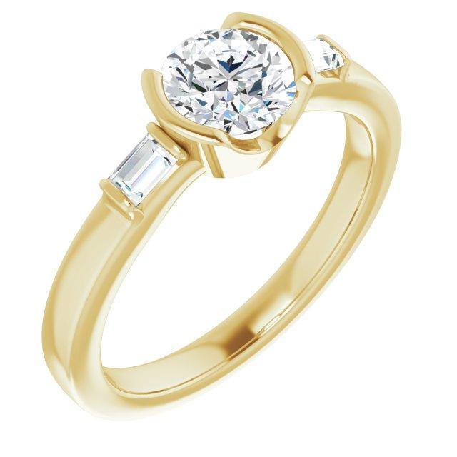 Harper Ring - 1CTW Round Lab Diamond & Baguette Accented Half Bezel Engagement Ring 14k Yellow Gold / Engagement Ring Only Ring by Nodeform