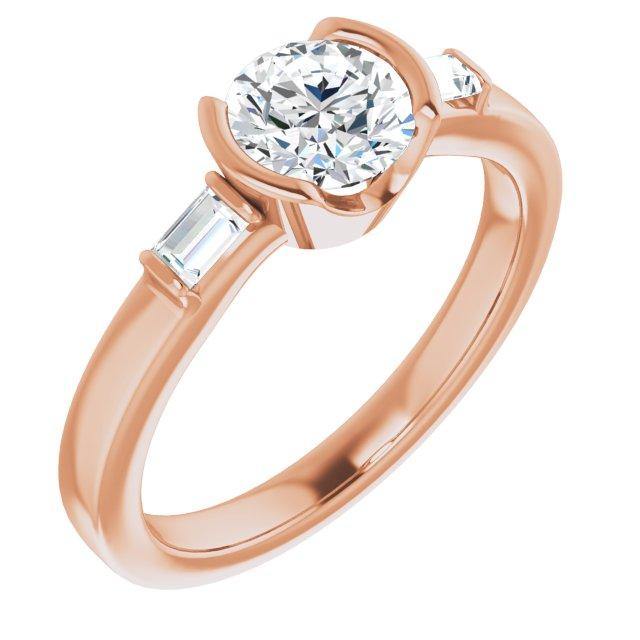 Harper Ring - 1CTW Round Lab Diamond & Baguette Accented Half Bezel Engagement Ring 14k Rose Gold / Engagement Ring Only Ring by Nodeform