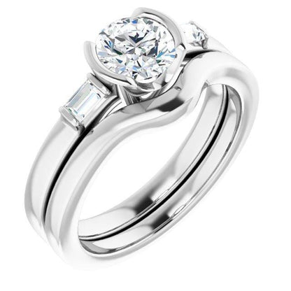 Harper Ring - 1CTW Round Lab Diamond & Baguette Accented Half Bezel Engagement Ring 14k White Gold / Bridal Ring Set Ring by Nodeform