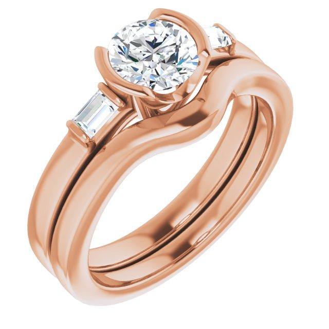 Harper Ring - 1CTW Round Lab Diamond & Baguette Accented Half Bezel Engagement Ring 14k Rose Gold / Bridal Ring Set Ring by Nodeform