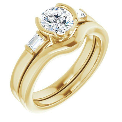 Harper Ring - 1CTW Round Lab Diamond & Baguette Accented Half Bezel Engagement Ring 14k Yellow Gold / Bridal Ring Set Ring by Nodeform
