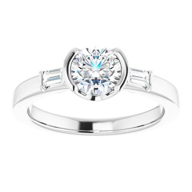Harper Ring - 1CTW Round Lab Diamond & Baguette Accented Half Bezel Engagement Ring 18kPD White Gold (Nickel-free) / Engagement Ring Only Ring by Nodeform