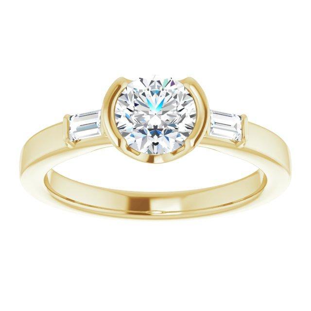 Harper Ring - 1CTW Round Lab Diamond & Baguette Accented Half Bezel Engagement Ring 18k Yellow Gold / Engagement Ring Only Ring by Nodeform