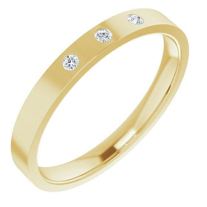 Sia Ring - Narrow 3 Diamond, Moissanite or Sapphire Flush Set Flat Wedding Band 14k Yellow Gold / Diamonds (G-H, SI2-SI3) Ring by Nodeform