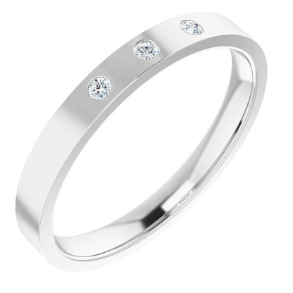 Sia Ring - Narrow 3 Diamond, Moissanite or Sapphire Flush Set Flat Wedding Band 14k White Gold / Diamonds (G-H, SI2-SI3) Ring by Nodeform