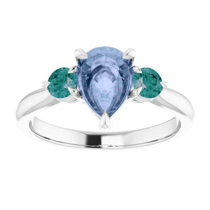Tracy - Three Stone Prong Set Engagement Ring with Round Side Stones - Setting only Lab-created Alexandrite Accents / 14kX1 Nickel White Gold (Not Rhodium Plated) Ring Setting by Nodeform