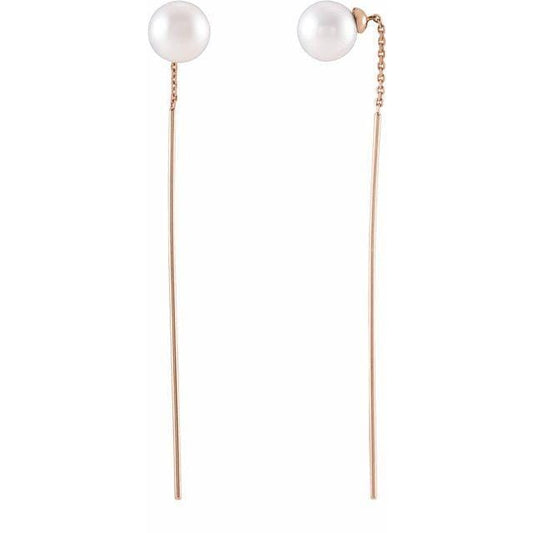 White Freshwater Cultured Pearl Gold Threader Earrings 14k Rose Gold Earrings by Nodeform
