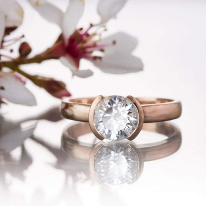 Bridal set Round Moissanite Modified Tension Engagement Ring & Hammered Diamond Eternity Wedding Band Ring by Nodeform