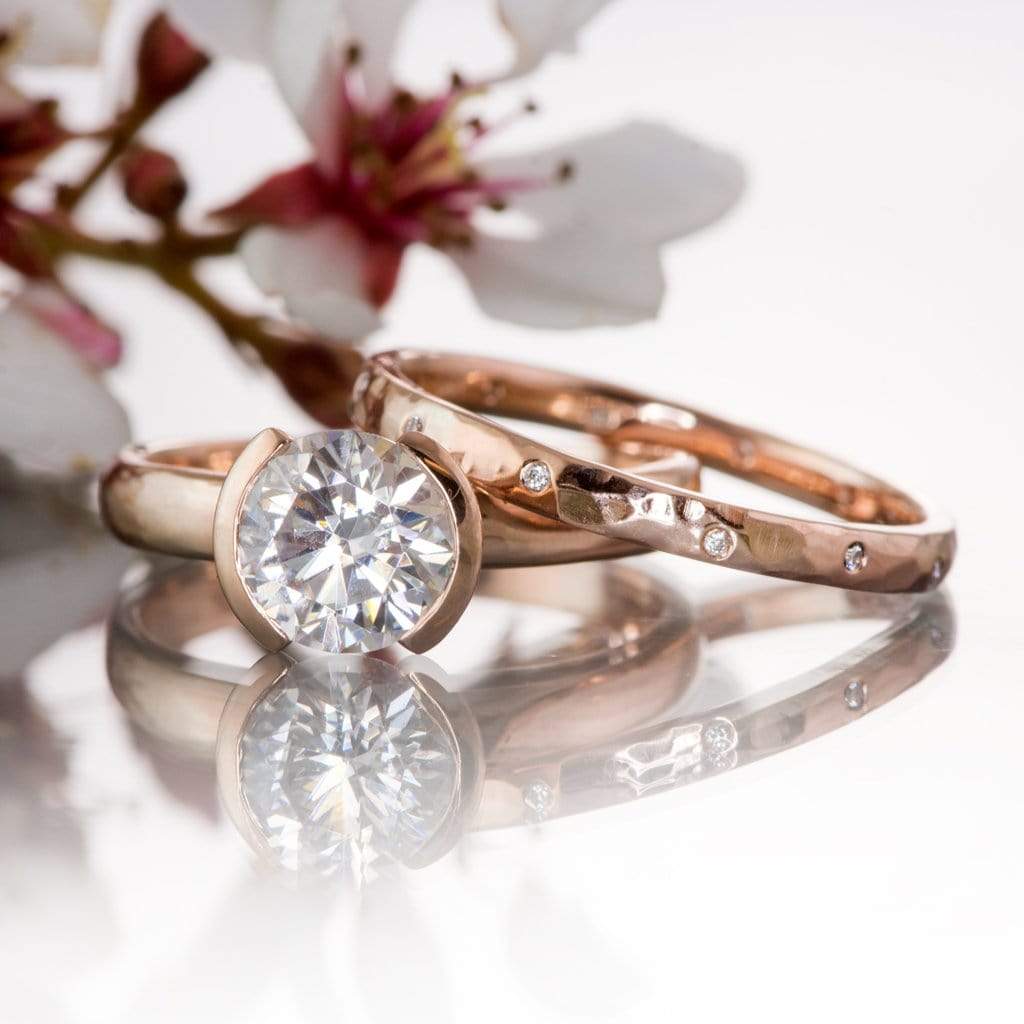 Bridal set Round Moissanite Modified Tension Engagement Ring & Hammere ...