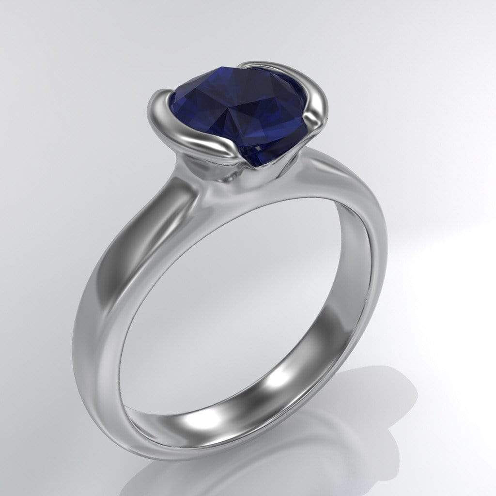 Lab Created Round Blue Sapphire Half Bezel Solitaire Engagement Ring Sterling Silver / 6mm / Dark Blue Ring by Nodeform