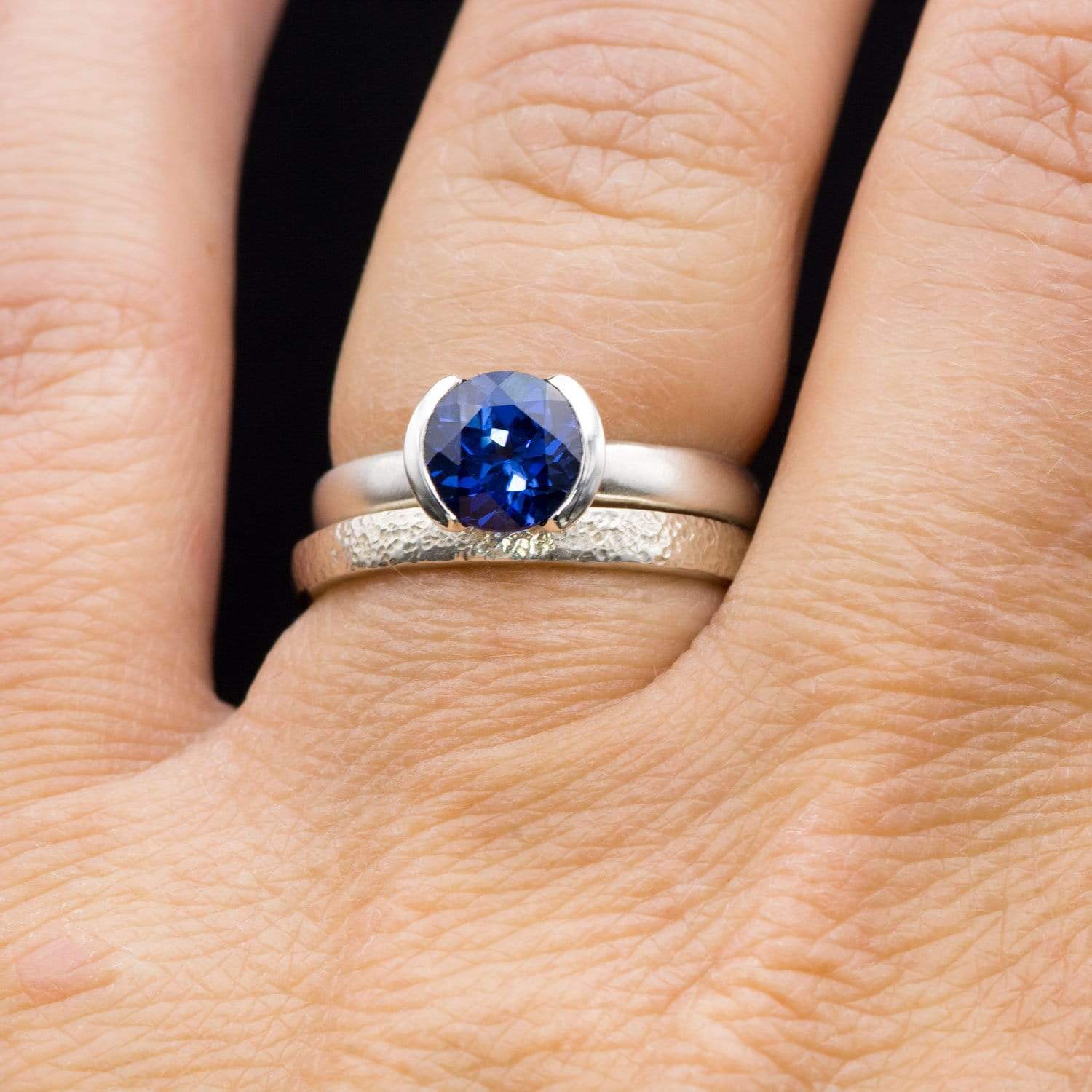 Lab Created Round Blue Sapphire Half Bezel Solitaire Engagement Ring