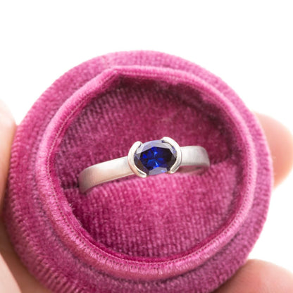 Lab Created Oval Blue Sapphire Half Bezel Sterling Silver Solitaire Ring, Ready to Ship Ring Ready To Ship by Nodeform