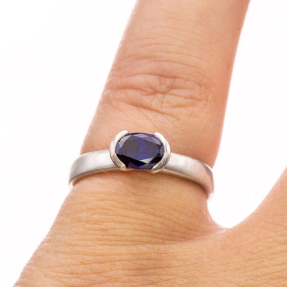 Lab Created Oval Blue Sapphire Half Bezel Sterling Silver Solitaire Ring, Ready to Ship Ring Ready To Ship by Nodeform