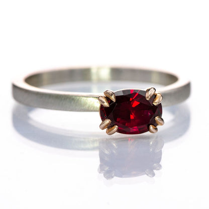 Oval Lab Ruby Rose Gold Prongs & Sterling Silver Stacking Ring, Size 4 to 9 Ring Ready To Ship by Nodeform