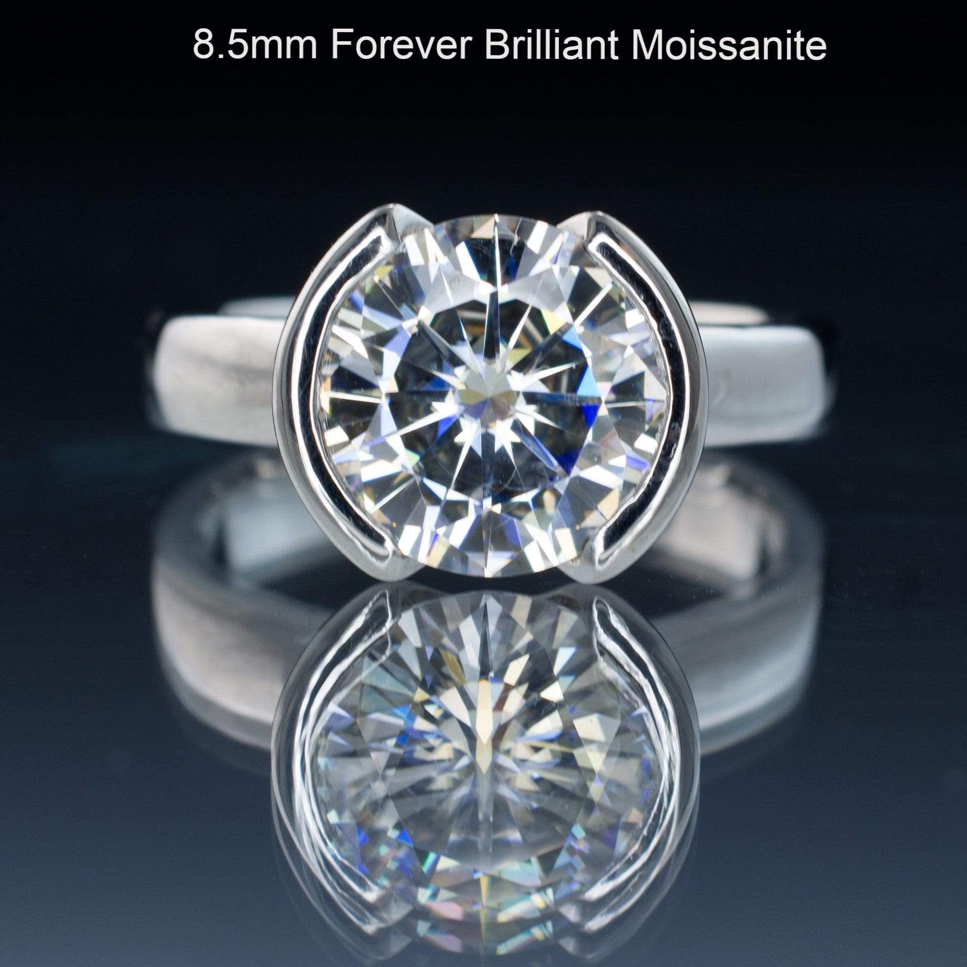 Brilliant Cut Round Moissanite Half Bezel Solitaire Engagement Ring 8.5mm Near-Colorless F1 Moissanite (GHI Color) / 14kPD White Gold Ring by Nodeform