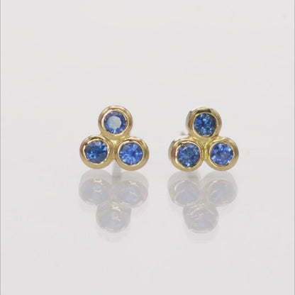 Australian Kings Plain Royal Blue Sapphire Trio Bezel Cluster Stud Earrings