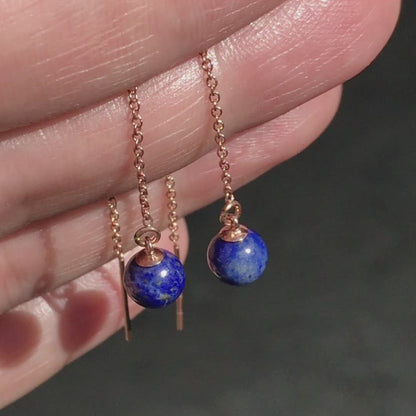 Lapis Beads Long Threader Earrings in 14kGF Rose Gold Filled, Ready to Ship