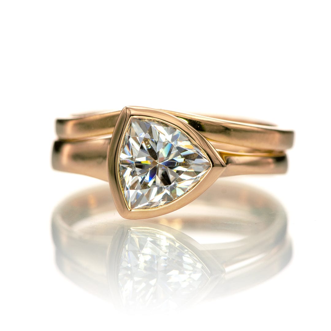 Tetra Bridal Set Trillion Moissanite Bezel Engagement Ring & Wedding Band 8mm Near-Colorless F1 Moissanite (GHI Color) / 14k Rose Gold Ring by Nodeform