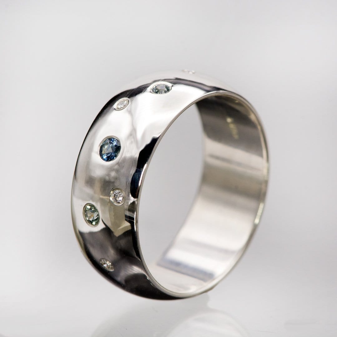 Domed Wedding Band with Flush set Montana Sapphires and Diamonds Ring by Nodeform