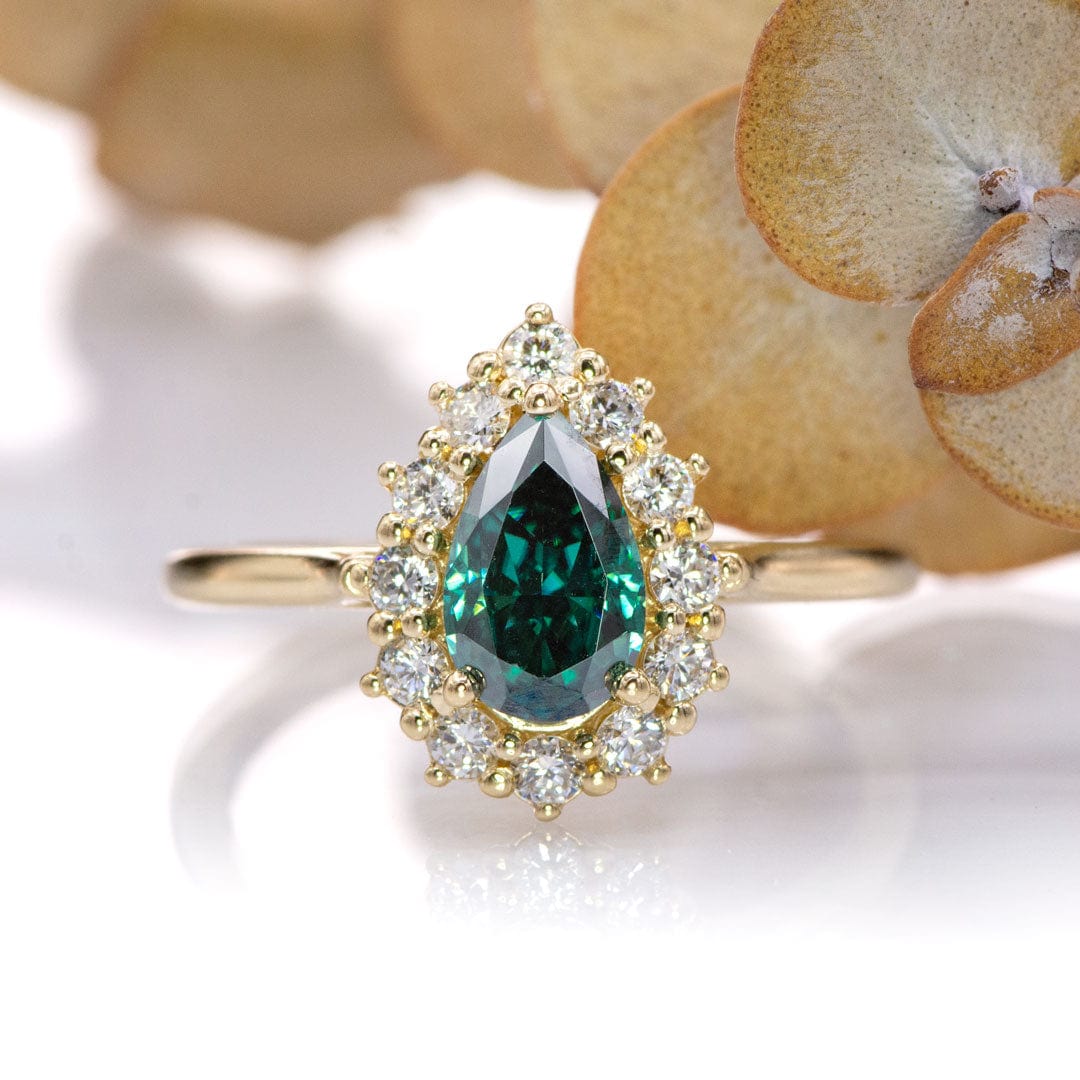 Pear Green Moissanite Ophelia Ring - Prong Set Diamond Halo Engagement Ring Rings by Nodeform