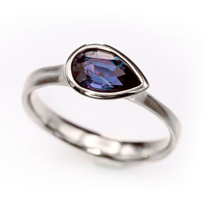 Sideways Pear Alexandrite Bezel Set Solitaire Engagement Ring 6 x 4 mm/ 0.48ct Lab-Created Alexandrite / 14kX1 Nickel White Gold (Not Rhodium Plated) Ring by Nodeform