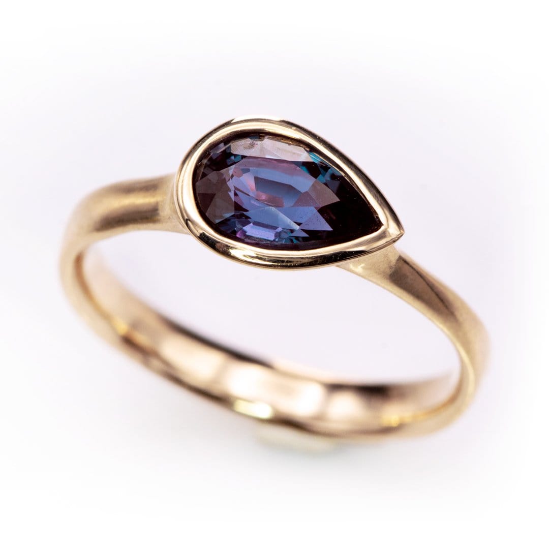 Sideways Pear Alexandrite Bezel Set Solitaire Engagement Ring 6 x 4 mm/ 0.48ct Lab-Created Alexandrite / 14K Yellow Gold Ring by Nodeform