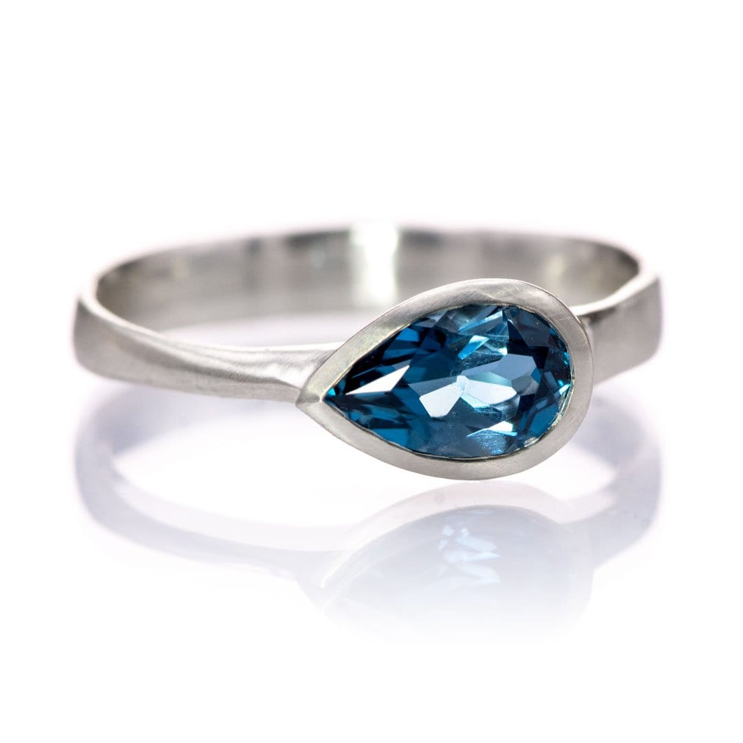 Pear London Blue Topaz Tear Drop Bezel Sterling Silver Solitaire Ring, Ready to Ship Ring Ready To Ship by Nodeform