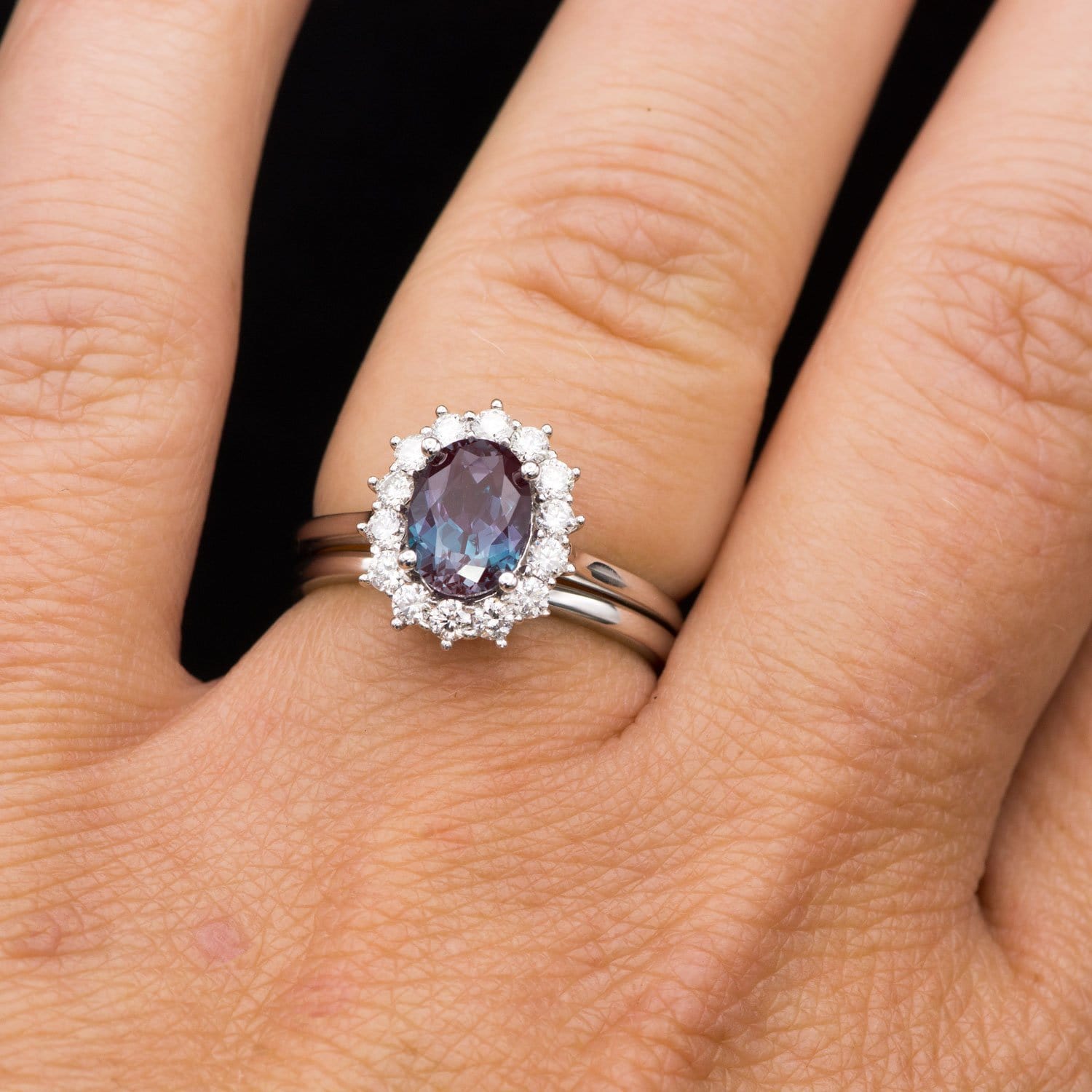 Studs Galore Lab-Created Alexandrite Pendant - 14K White Gold, 18" Chain, Oval Stone (Color-Changing)