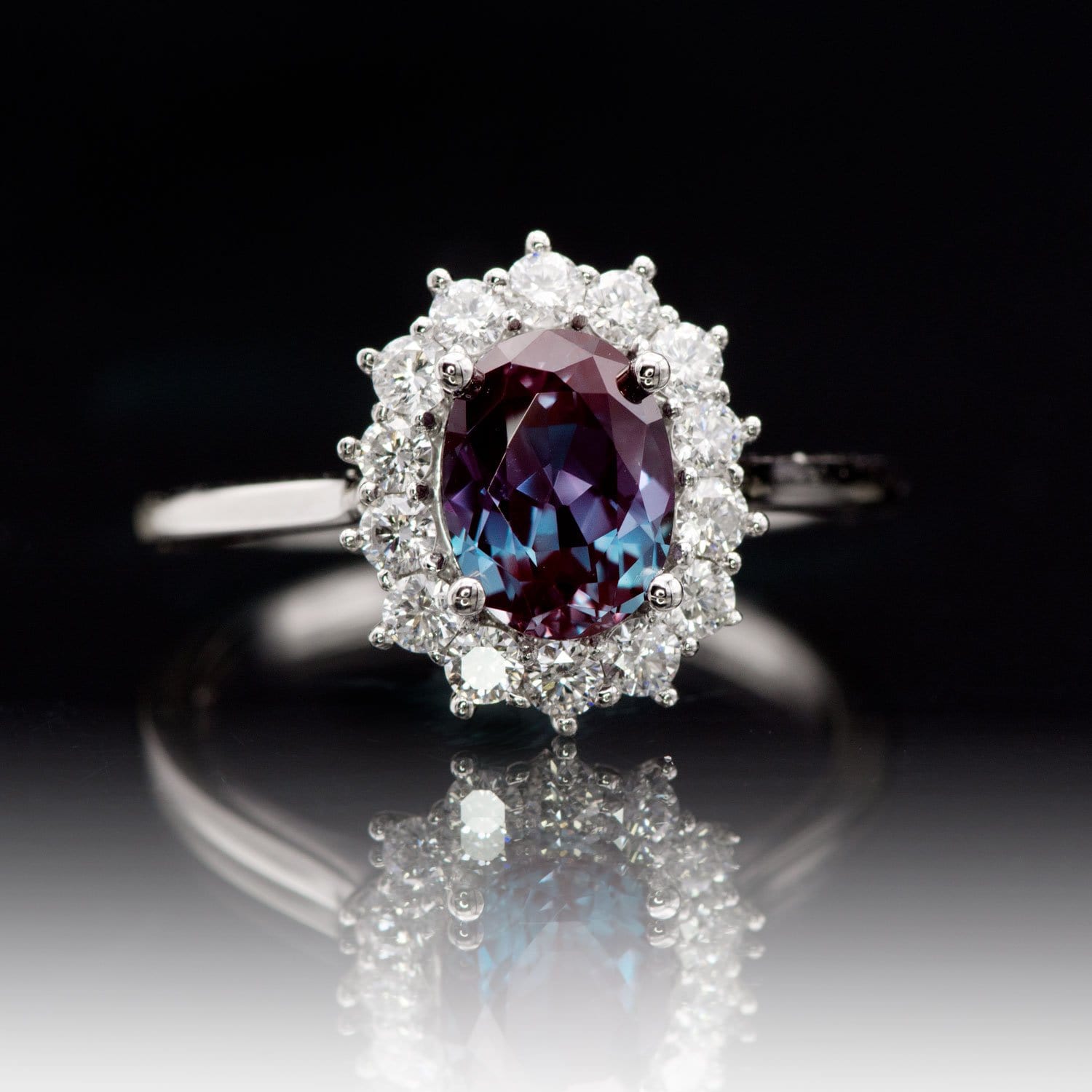 Ophelia - Oval Lab-Created Alexandrite Prong Set Halo Engagement Ring Ring by Nodeform