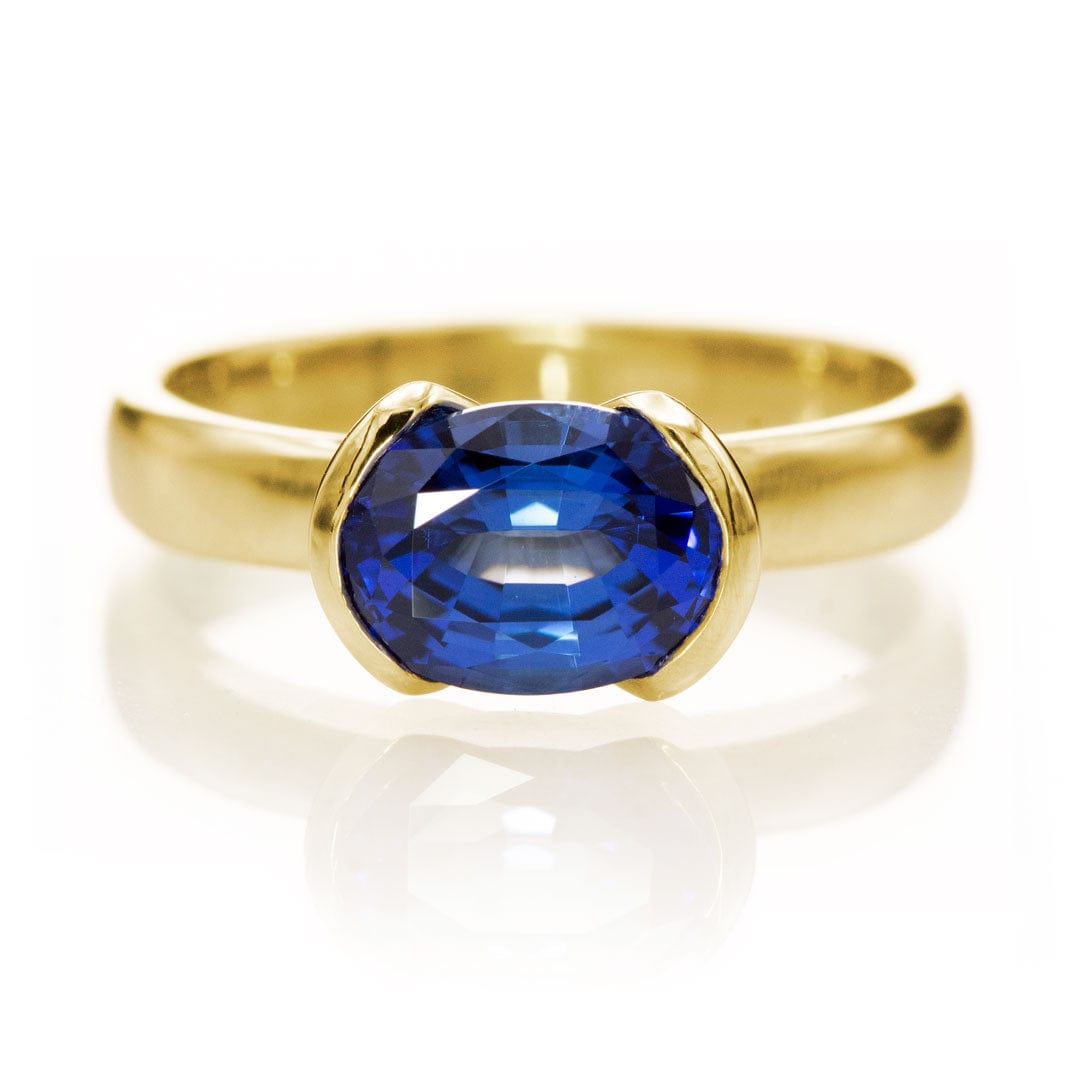 Chatham Lab Created Oval Blue Sapphire Half Bezel Solitaire Engagement Ring 14k Yellow Gold / Chatham 8x6mm/1.75ct Ring by Nodeform