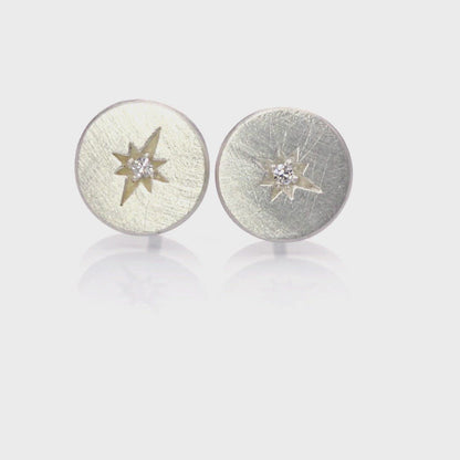 Moissanite Star Set Round Sterling Silver Disk Stud Earrings, Ready to Ship