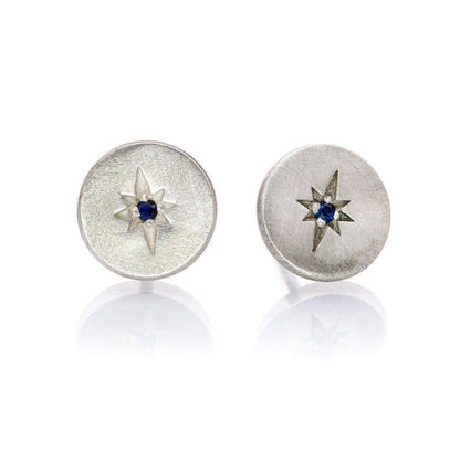 Blue Sapphire Star Set Round Disk Stud Earrings 14k White Gold Earrings by Nodeform