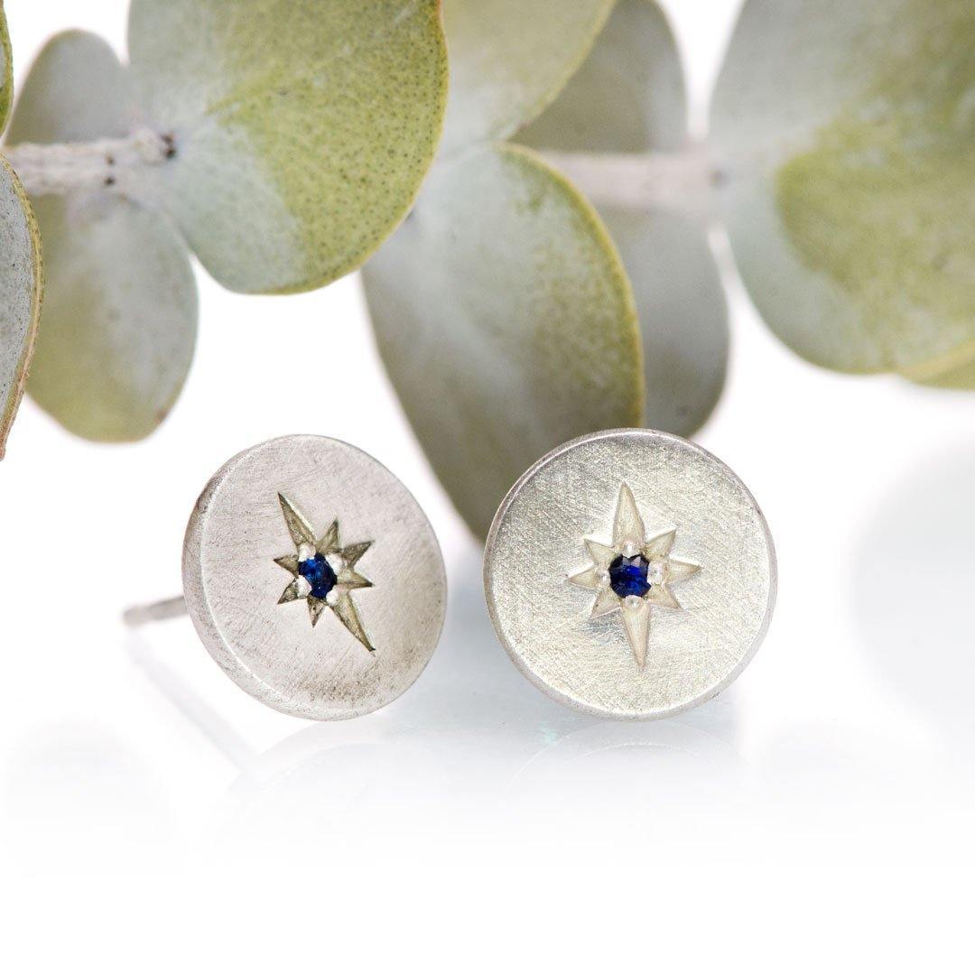 Blue Sapphire Star Set Round Disk Stud Earrings Earrings by Nodeform