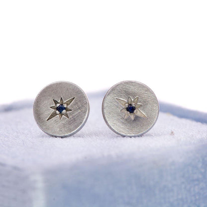 Blue Sapphire Star Set Round Disk Stud Earrings Earrings by Nodeform