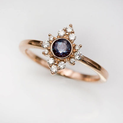 Ava Ring - Petite Lab-grown Alexandrite Engagement Ring with Moissanite or Diamond Halo Forever One Moissanite Halo / 14k Rose Gold Ring by Nodeform